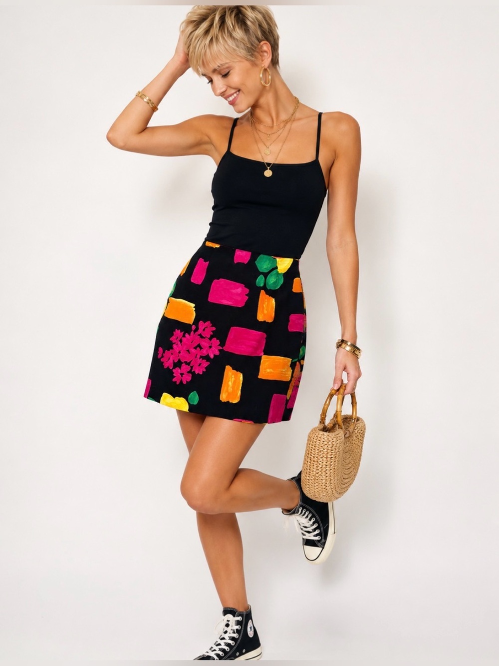 Vintage Beechers Brook Silk Mini Skirt Featuring Vibrant Brushstrokes on Black M